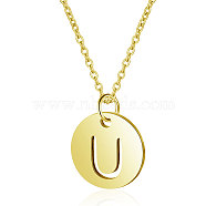201 Stainless Steel Initial Pendants Necklaces, with Cable Chains, Flat Round with Letter, Golden, Letter.U, 16.3 inch(40cm), 1mm(NJEW-S069-TN508-U)