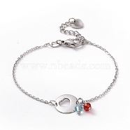 304 Stainless Steel Heart Link Bracelet with Glass Beads Charms for Women, Stainless Steel Color, 6-3/4 inch(17cm)(STAS-E154-06P)
