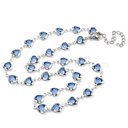 304 Stainless Steel & Glass Heart Link Chain Necklaces, Stainless Steel Color, Cornflower Blue, 16.38 inch(41.6cm)(NJEW-P315-03P-02)