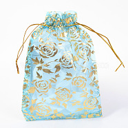 Rose Printed Organza Bags, Gift Bags, Rectangle, Light Sky Blue, 18x13cm(X-OP-R021-13x18-02)