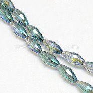 Electroplate Crystal Glass Rice Beads Strands, Faceted, Rainbow Color Plated, Dark Cyan, 4x9mm, Hole: 1mm, about 58pcs/strand, 20.4 inch(X-EGLA-F042-A13)