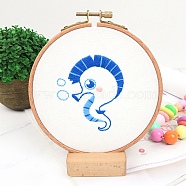 DIY Cartoon Animal Embroidery Sets, Including Imitation Bamboo Frame, Plastic & Alloy Pins, Cloth, Colorful Threads, Sea Horse Pattern, 37~190x1~195x0.6~8.5mm, Inner Diameter: 107mm(DIY-G037-01E)
