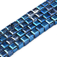 Electroplate Transparent Glass Beads Strands, AB Color Plated, Half Plated, Faceted, Cube, Medium Blue, 7x7x7mm, Hole: 1.4mm, about 100pcs/strand, 26.77 inch(68cm)(EGLA-N002-28-D01)