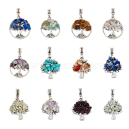 24Pcs 12 Style Natural & Synthetic Gemstone Chip European Dangle Charms Sets, Large Hole Pendants, with Antique Silver Tone Alloy Findings, Tree, 38~40mm, Tree: 28x23.5~25x4~5mm, 2pcs/style(PALLOY-FH0001-83)