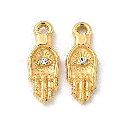 304 Stainless Steel Rhinestone Pendants, Golden, Hamsa Hand, 24.5x9x3.5mm, Hole: 2mm(STAS-I322-36G-01)