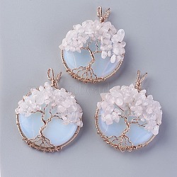Opalite & Natural Rose Quartz Big Pendants, with Rose Gold Tone Brass Findings, Flat Round with Tree of Life, 58~61.5x44~48x14~16.5mm, Hole: 4~5x3.5~6mm(G-G771-B06)