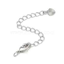 Brass Curb Chain Extender, End Chains with Lobster Claw Clasps and Heart Charms, Rack Plating, Long-Lasting Plated, Lead Free & Cadmium Free, Platinum, 73mm(CU-CBAD360-17P)
