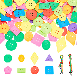 Early Education Sorting Counting Toys for Kindergarten, Plastic Geometrical Shape Button & Polyester Rope, Mixed Color, Button: 46~78x30~48x5mm, Hole: 3mm, 130pcs, Rope: 580~595x4x1mm, 8pcs(AJEW-WH0033-65)