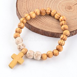 Cross Wood Beaded Stretch Charm Bracelets, BurlyWood, 55mm(BJEW-JB02220)