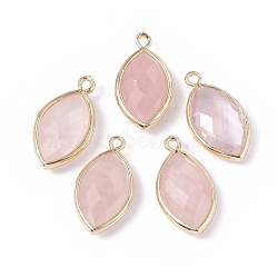 Natural Rose Quartz Pendants, with Golden Plated Brass Findings, Faceted, Horse Eye, 21.5x11.5x3~5mm, Hole: 1.6mm(G-L514-023A)