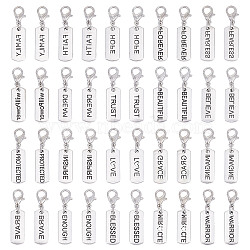 40Pcs 20 Styles Rectangle with Word Alloy Pendant Decoration, with Alloy Lobster Claw Clasps, Antique Silver, 32mm, 2pcs/style(HJEW-HY00059)