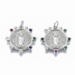 Brass Micro Pave Colorful Cubic Zirconia Pendants, with Jump Ring, Cadmium Free & Nickel Free & Lead Free, Flat Round with Nun, Real Platinum Plated, 19x19x3mm, jump ring: 5x0.7mm, Inner Diameter: 3.6mm(KK-S061-38P-NR)