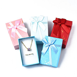 Cardboard Jewelry Set Box, with Bowknot Ribbon Outside and White Sponge Inside, Rectangle with Leaf Pattern, Mixed Color, 8.2x5.2x3.1cm(CBOX-T004-03A)