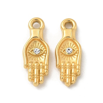 304 Stainless Steel Rhinestone Pendants, Golden, Hamsa Hand, 24.5x9x3.5mm, Hole: 2mm