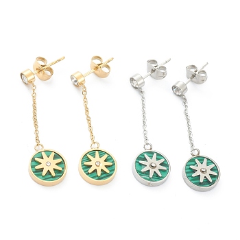 Ion Plating(IP) 304 Stainless Steel Stud Earrings, with Synthetic Malachite and Rhinestone, Flat Round, Mixed Color, 35.5mm, Pin: 0.8mm