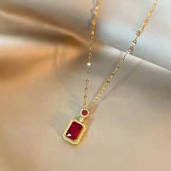 Micro Pave Cubic Zirconia and Alloy Square Pendant Necklace, Titanium Steel Dapped Chain Necklaces, Red, 19.69 inch(50cm)