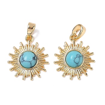 Synthetic Turquoise Pendants, Brass Sun Charms, Real 18K Gold Plated, 17x15x4mm, Hole: 4x2mm