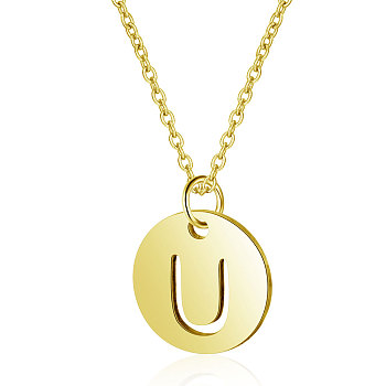 201 Stainless Steel Initial Pendants Necklaces, with Cable Chains, Flat Round with Letter, Golden, Letter.U, 16.3 inch(40cm), 1mm