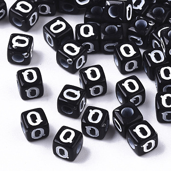 Opaque Acrylic Beads, Horizontal Hole, Alphabet Style, Cube, Black & White, Letter.Q, 5x5x5mm, Hole: 2mm, about 5000pcs/500g