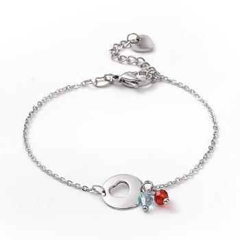 304 Stainless Steel Heart Link Bracelet with Glass Beads Charms for Women, Stainless Steel Color, 6-3/4 inch(17cm)