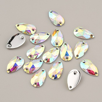 Sew on Rhinestones, Resin Rhinestone, 2-Holes Links, Garments Accessories, Teardrop, Crystal AB, 18x10x4mm, Hole: 1.6mm, 50pcs/bag