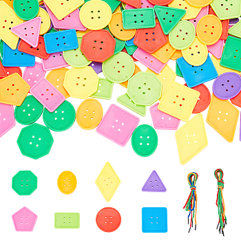 Early Education Sorting Counting Toys for Kindergarten, Plastic Geometrical Shape Button & Polyester Rope, Mixed Color, Button: 46~78x30~48x5mm, Hole: 3mm, 130pcs, Rope: 580~595x4x1mm, 8pcs