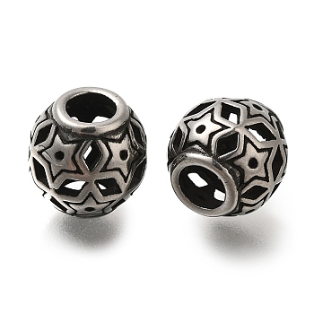 304 Stainless Steel European Beads, Large Hole Beads, Rondelle with Star, Antique Silver, 10x9.5mm, Hole: 4mm