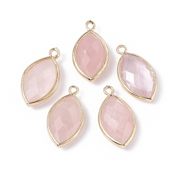 Natural Rose Quartz Pendants, with Golden Plated Brass Findings, Faceted, Horse Eye, 21.5x11.5x3~5mm, Hole: 1.6mm