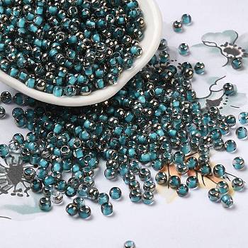 Transparent Inside Colours Glass Seed Beads, Half Plated, Round Hole, Round, Sky Blue, 4x3mm, Hole: 1.2mm, 7650pcs/pound