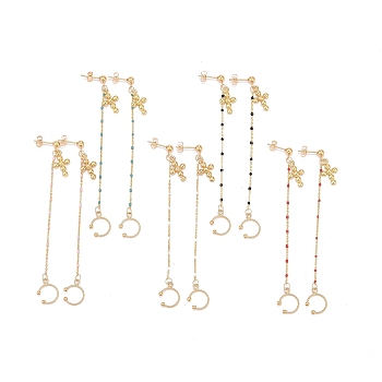 Brass Enamel Cable Chains & Cross Charms Dangle Stud Earrings, Golden, with 304 Stainless Steel Pin & Clip-on Earring Findings, Mixed Color, 97mm, Pin: 0.8mm