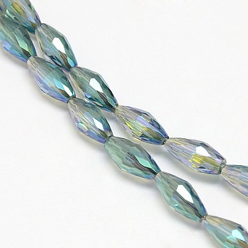 Electroplate Crystal Glass Rice Beads Strands, Faceted, Rainbow Color Plated, Dark Cyan, 4x9mm, Hole: 1mm, about 58pcs/strand, 20.4 inch