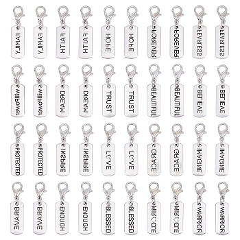 40Pcs 20 Styles Rectangle with Word Alloy Pendant Decoration, with Alloy Lobster Claw Clasps, Antique Silver, 32mm, 2pcs/style