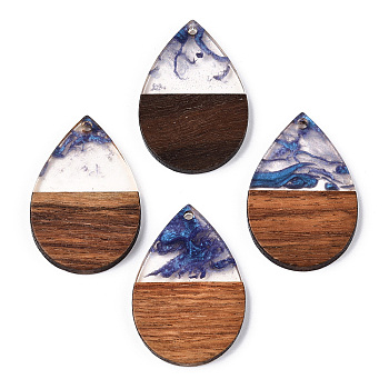 Transparent Resin & Walnut Wood Pendants, Teardrop Charms, Slate Blue, 36.5x24.5x3mm, Hole: 2mm