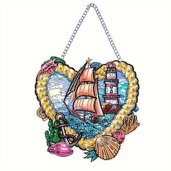 Heart Sailboat Lighthouse DIY Diamond Painting Pendant Decoration Kit, Hanging Door Sign Kits, Including Resin Rhinestones Bag, Diamond Sticky Pen, Tray Plate and Glue Clay, Colorful, 195x195mm