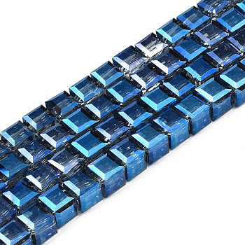 Electroplate Transparent Glass Beads Strands, AB Color Plated, Half Plated, Faceted, Cube, Medium Blue, 7x7x7mm, Hole: 1.4mm, about 100pcs/strand, 26.77 inch(68cm)