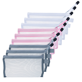 9Pcs 3 Colors Rectangle Nylon Mesh Pen Bags, Zipper Pen Bags, Study Supplies, Mixed Color, 212x112x0.7mm, 3pcs/color