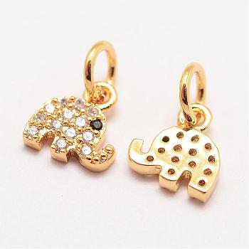 Brass Micro Pave Grade AAA Cubic Zirconia Charms, Long-Lasting Plated, Elephant, Cadmium Free & Nickel Free & Lead Free, Real 18K Gold Plated, 8x7.5x1.5mm, Hole: 3mm