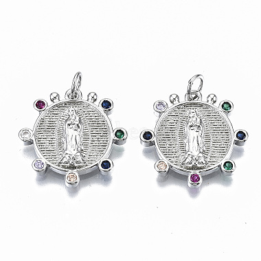 Real Platinum Plated Colorful Flat Round Brass+Cubic Zirconia Pendants