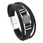 Flat Round Imitation Leather Multi-strand Bracelets for Men, with Alloy Magnetic Snap, Antique Silver, Black, 8-1/4~8-5/8 inch(21~22cm)(FS-WG693A0-01)