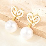 Valentine's Day Brass Clear Cubic Zirconia Dangle Stud Earrings, with ABS Plastic Imitation Pearl & Enamel, Cadmium Free & Lead Free, Long-Lasting Plated, Rack Plating, Real 18K Gold Plated, White, 26x13.5mm(EJEW-Z164-07G-01)