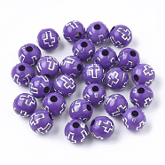 Plating Acrylic Beads, Silver Metal Enlaced, Round with Cross, Medium Purple, 8mm, Hole: 2mm, about 1800pcs/500g(PACR-Q113-10F)