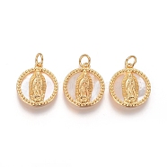 Brass Pendants, with Shell and Jump Rings, Flat Round with Virgin Mary, Golden, 17.5x15x2.5mm, Hole: 3mm(KK-I656-32G)