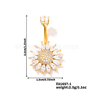 Chic Flower Brass Full Crystal Rhinestone Curved Barbell Belly Button Rings with Shiny Delicate Design, Golden, 33x19mm(YW9589-1)