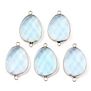 Glass Links Connectors, with Golden Plated Brass Edge and Loop, Faceted, Oval, Light Blue, 38~39x23x7mm, Hole: 2.5mm(GLAA-S130-39A)