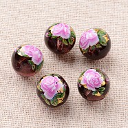 Flower Picture Printed Glass Round Beads, Purple, 12mm, Hole: 1mm(GLAA-J088-12mm-A08)