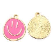 Alloy Enamel Pendants, Golden, Flat Round with Smiling Face Charm, Hot Pink, 24.5x20x1.5mm, Hole: 2mm(X-ENAM-D051-18G-04)