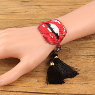 Miyuki Seed Braided Bead Bracelet with Double Tassel, Sexy Lip Friendship Bracelet for Women, Red, 11 inch(28cm)(BJEW-A121-03A)