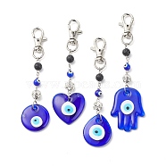 Handmade Lampwork Evil Eye Pendant Decoration, Natural Lava Rock Round Bead & Lobster Clasp Charms, for Keychain, Purse, Backpack Ornament, Mixed Shapes, 121~141mm(HJEW-JM00791)