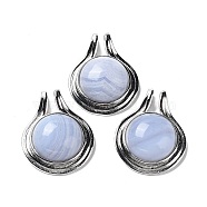 Natural Blue Lace Agate Pendants, Rack Plating Platinum Plated Brass Half Round Charms, Cadmium Free & Lead Free, 28x22.5x10mm, Hole: 2x4mm(G-M405-06P-07)