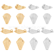 Unicraftale 16Pcs 4 Style 304 Stainless Steel Stud Earring Findings, with Loop and Ear Nuts/Earring Backs, Kite & Scallop, Golden & Stainless Steel Color, 4pcs/Style(STAS-UN0021-19)